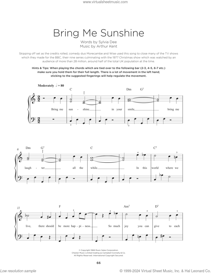 Bring Me Sunshine sheet music for piano solo by Willie Nelson, Arthur Kent and Sylvia Dee, beginner skill level