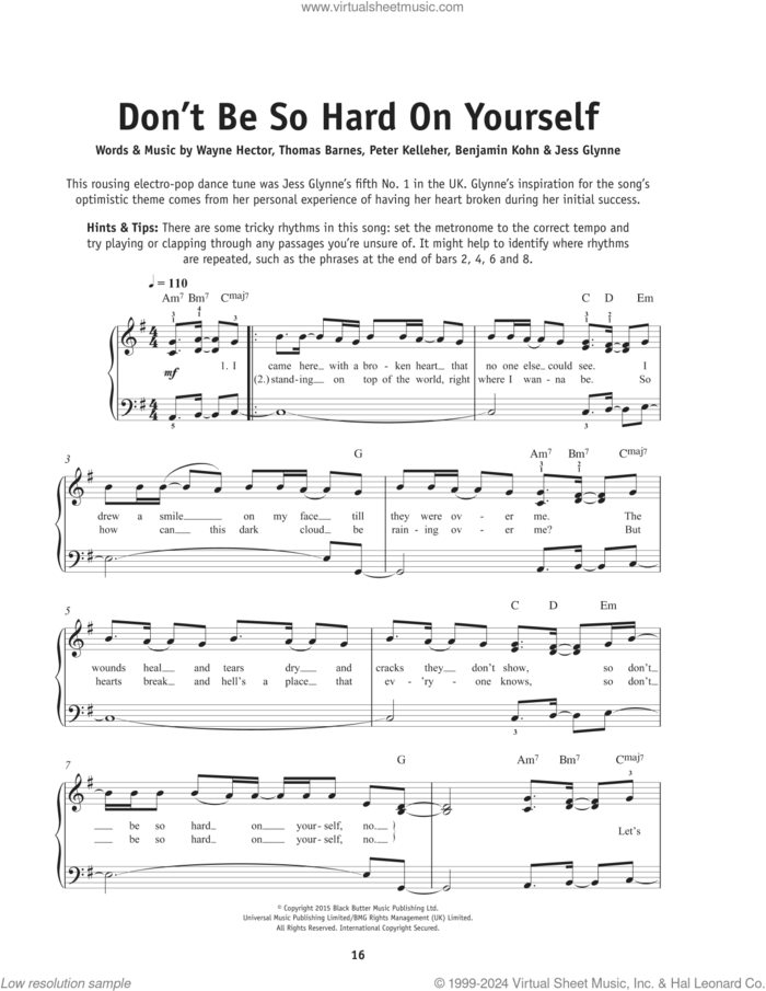 Don't Be So Hard On Yourself sheet music for piano solo by Jess Glynne, Benjamin Kohn, Jessica Glynne, Peter Kelleher, Thomas Barnes and Wayne Hector, beginner skill level