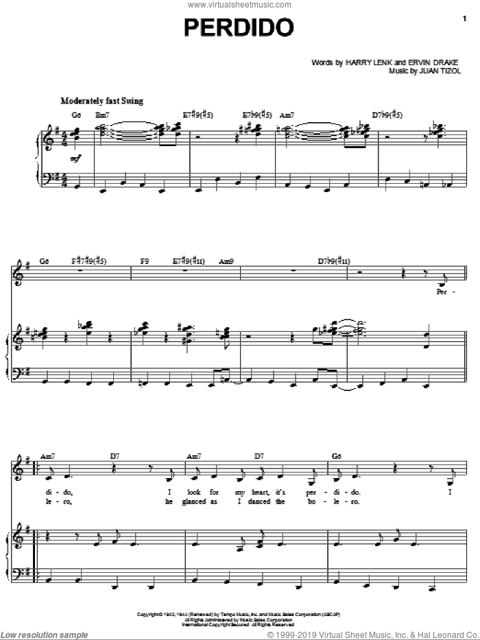 Perdido sheet music for voice and piano by Sarah Vaughan, Duke Ellington, Ervin Drake, Harry Lenk and Juan Tizol, intermediate skill level