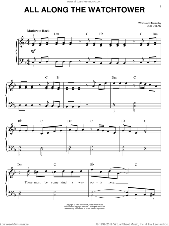 All Along The Watchtower, (easy) sheet music for piano solo by Bob Dylan, Jimi Hendrix and U2, easy skill level