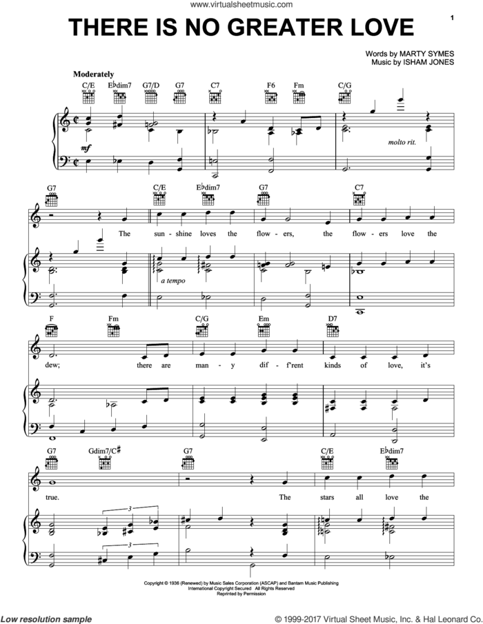 There Is No Greater Love sheet music for voice, piano or guitar by Isham Jones and Marty Symes, intermediate skill level