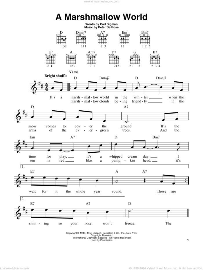 A Marshmallow World sheet music for guitar solo (chords) by Bing Crosby, Carl Sigman and Peter DeRose, easy guitar (chords)