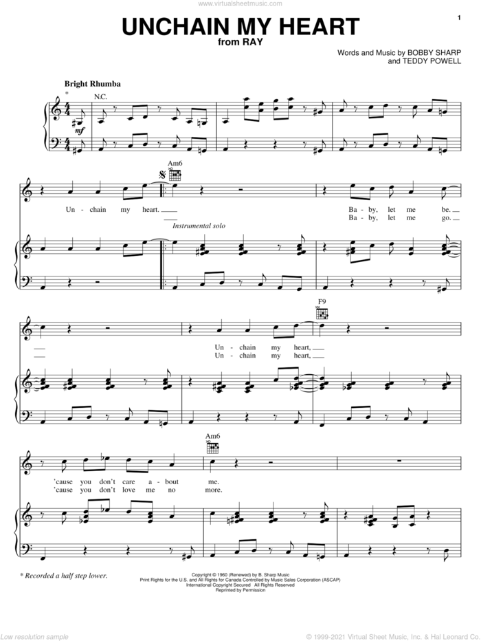 Unchain My Heart sheet music for voice, piano or guitar by Ray Charles, Ray (Movie), Bobby Sharp and Teddy Powell, intermediate skill level