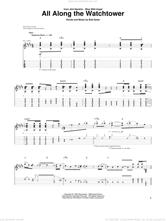 All Along The Watchtower sheet music for guitar (tablature) by Jimi Hendrix, U2 and Bob Dylan, intermediate skill level