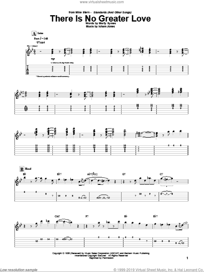 There Is No Greater Love sheet music for guitar (tablature) by Mike Stern, Isham Jones and Marty Symes, intermediate skill level