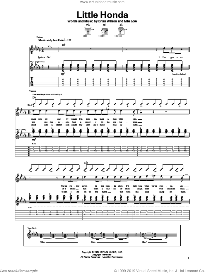 Little Honda sheet music for guitar (tablature) by The Beach Boys, Brian Wilson and Mike Love, intermediate skill level