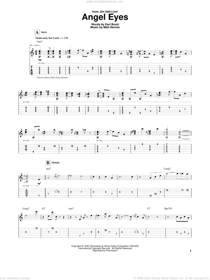 Angel Eyes sheet music for guitar (tablature) by Jim Hall, Earl Brent and Matt Dennis, intermediate skill level