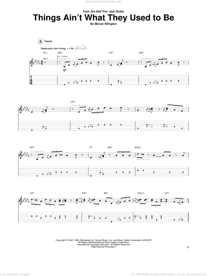 Things Ain't What They Used To Be sheet music for guitar (tablature) by Jim Hall and Mercer Ellington, intermediate skill level
