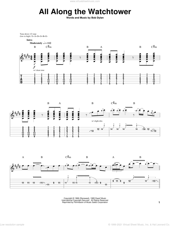All Along The Watchtower sheet music for guitar (tablature, play-along) by Jimi Hendrix, U2 and Bob Dylan, intermediate skill level