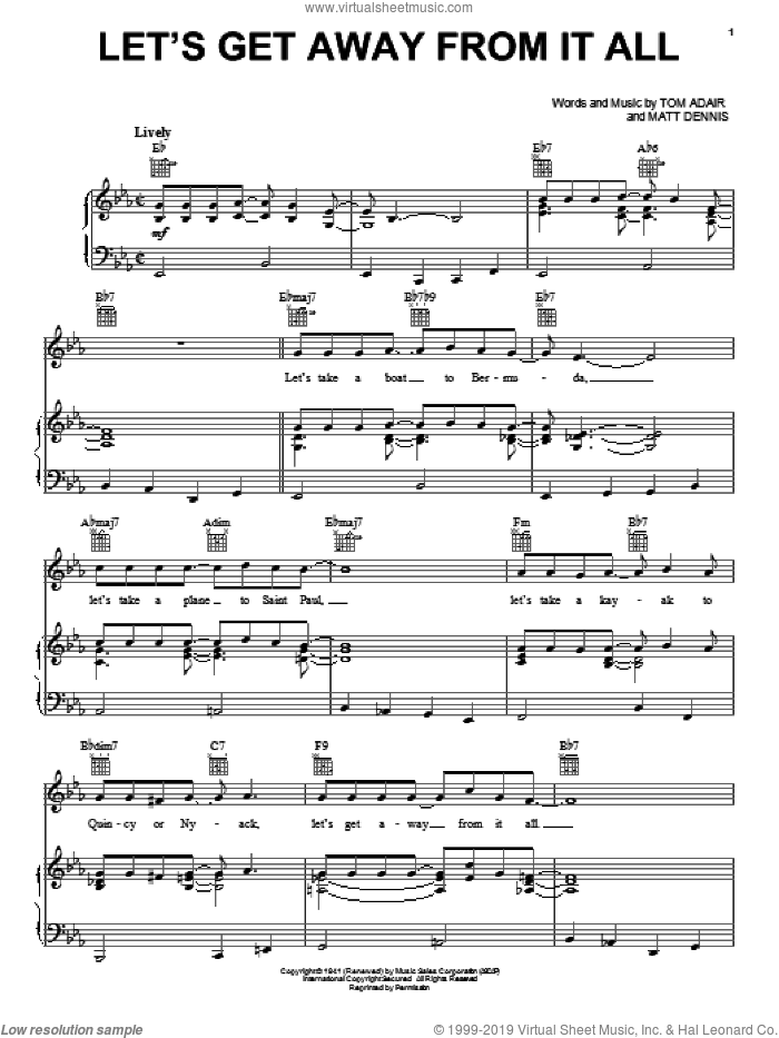 Let's Get Away From It All sheet music for voice, piano or guitar by Frank Sinatra, Matt Dennis and Tom Adair, intermediate skill level