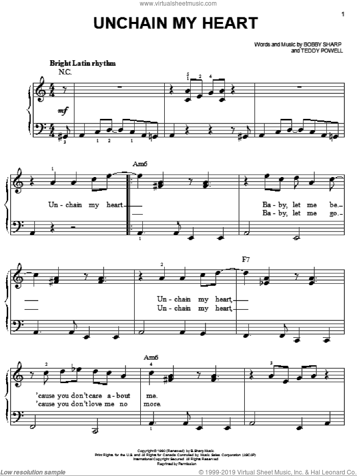 Unchain My Heart, (easy) sheet music for piano solo by Ray Charles, Ray (Movie), Bobby Sharp and Teddy Powell, easy skill level