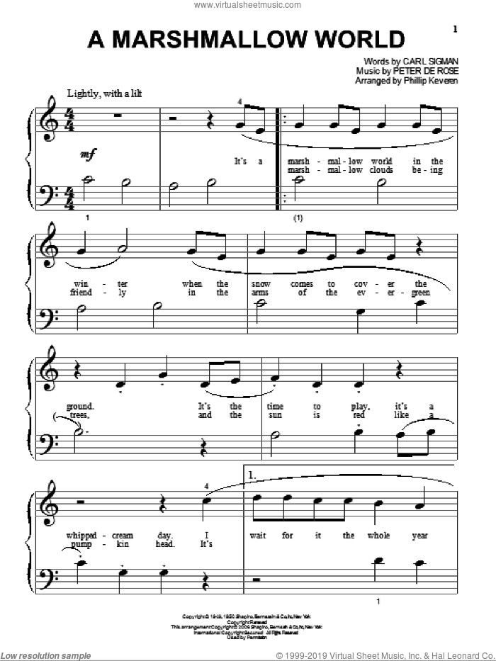 A Marshmallow World (arr. Phillip Keveren) sheet music for piano solo by Bing Crosby, Phillip Keveren, Carl Sigman and Peter DeRose, beginner skill level