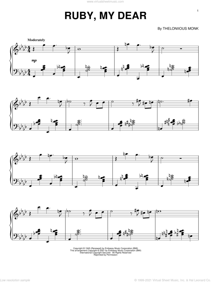 Ruby, My Dear sheet music for piano solo by Thelonious Monk, intermediate skill level