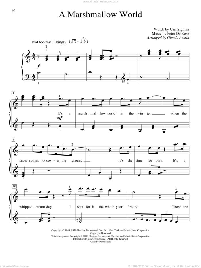A Marshmallow World sheet music for piano solo (elementary) by Bing Crosby, Glenda Austin, Carl Sigman and Peter DeRose, beginner piano (elementary)