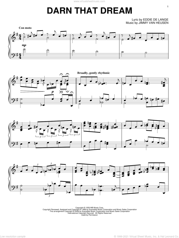 Darn That Dream sheet music for piano solo by Jimmy Van Heusen and Eddie DeLange, intermediate skill level