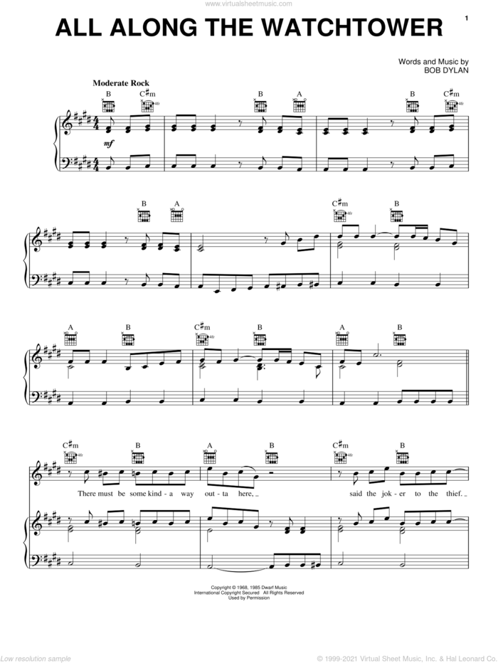 All Along The Watchtower sheet music for voice, piano or guitar by Jimi Hendrix, U2 and Bob Dylan, intermediate skill level