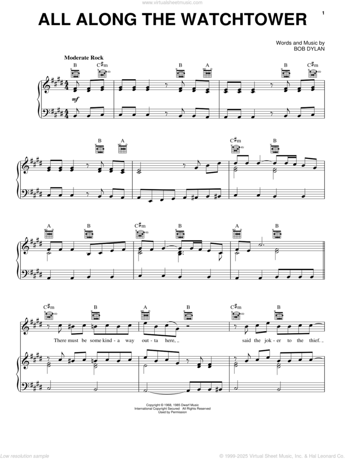 All Along The Watchtower sheet music for voice, piano or guitar by Jimi Hendrix, U2 and Bob Dylan, intermediate skill level