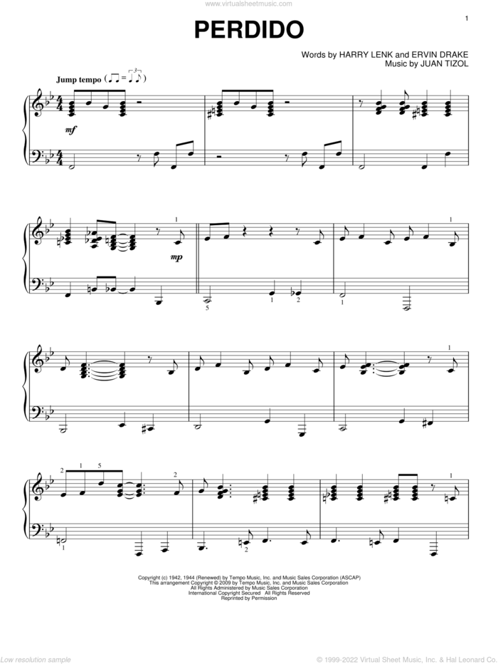 Perdido sheet music for piano solo by Duke Ellington, Ervin Drake, Harry Lenk and Juan Tizol, intermediate skill level