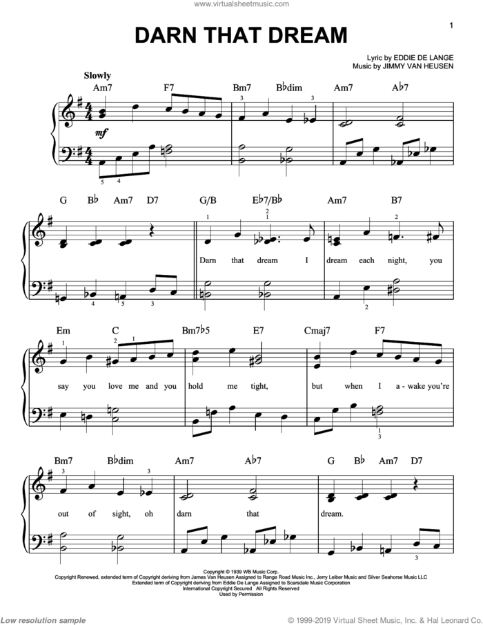 Darn That Dream, (easy) sheet music for piano solo by Jimmy Van Heusen and Eddie DeLange, easy skill level
