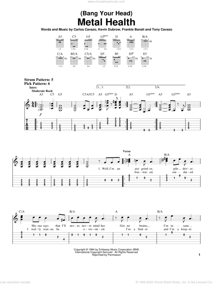 (Bang Your Head) Metal Health sheet music for guitar solo (easy tablature) by Quiet Riot, Carlos Cavazo, Frankie Banali, Kevin Dubrow and Tony Cavazo, easy guitar (easy tablature)