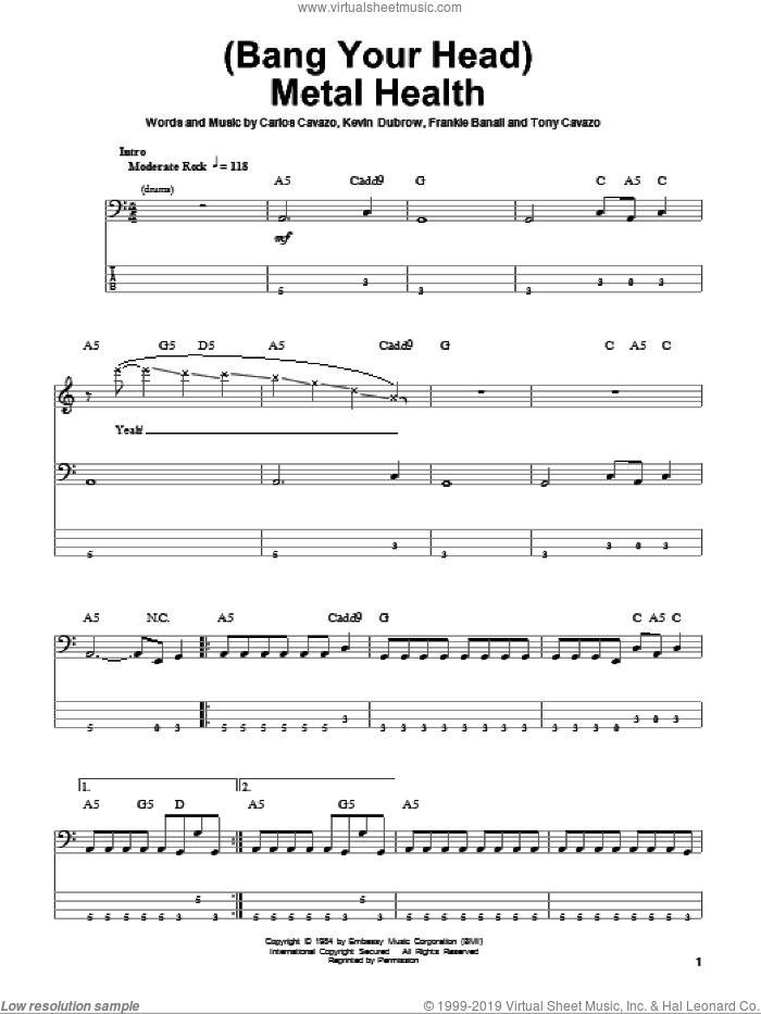 (Bang Your Head) Metal Health sheet music for bass (tablature) (bass guitar) by Quiet Riot, Carlos Cavazo, Frankie Banali, Kevin Dubrow and Tony Cavazo, intermediate skill level