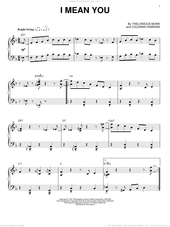 I Mean You (arr. Brent Edstrom) sheet music for piano solo by Thelonious Monk and Coleman Hawkins, intermediate skill level