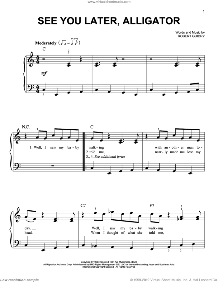 See You Later, Alligator sheet music for piano solo by Bill Haley & His Comets and Robert Guidry, easy skill level