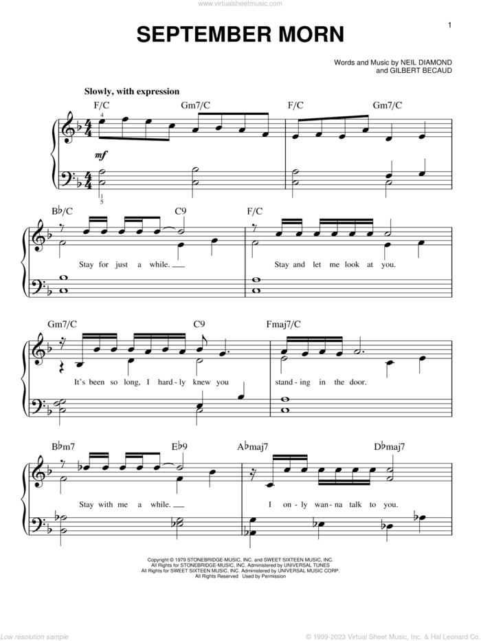 September Morn sheet music for piano solo by Neil Diamond and Gilbert Becaud, easy skill level