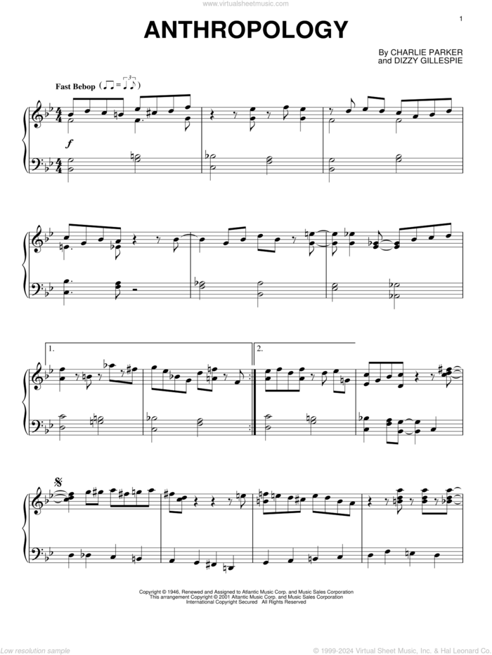 Anthropology sheet music for piano solo by Charlie Parker and Dizzy Gillespie, intermediate skill level