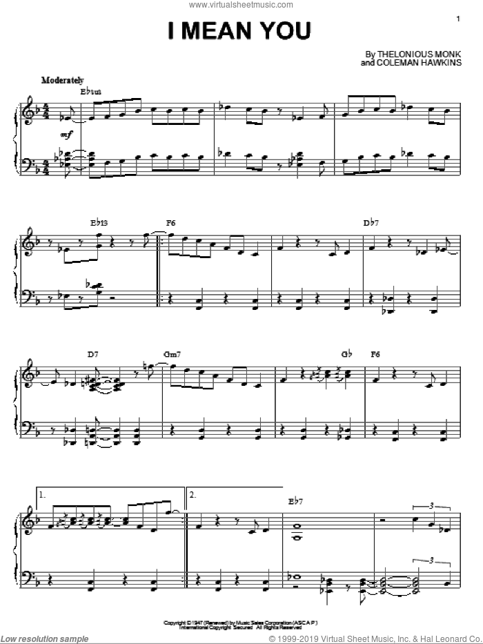 I Mean You sheet music for piano solo by Thelonious Monk and Coleman Hawkins, intermediate skill level