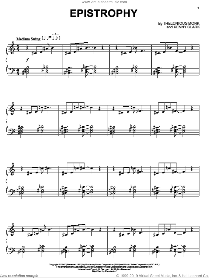 Epistrophy sheet music for piano solo by Thelonious Monk and Kenny Clarke, intermediate skill level