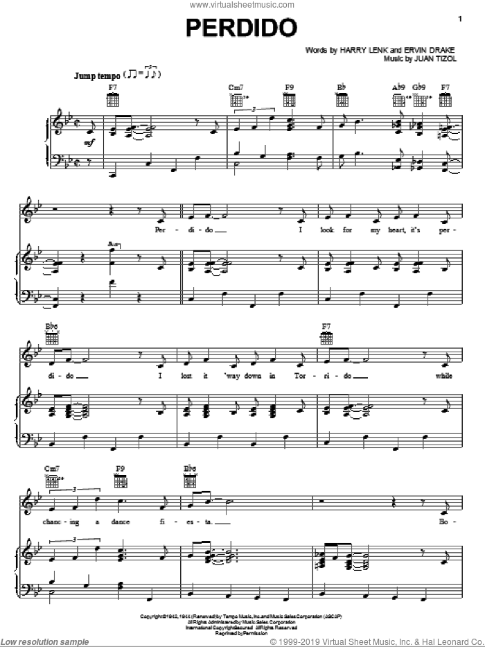 Perdido sheet music for voice, piano or guitar by Duke Ellington, Ervin Drake, Harry Lenk and Juan Tizol, intermediate skill level