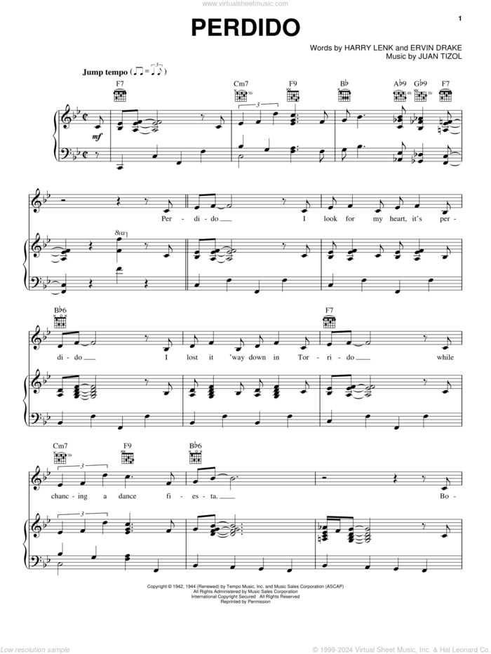 Perdido sheet music for voice, piano or guitar by Duke Ellington, Ervin Drake, Harry Lenk and Juan Tizol, intermediate skill level