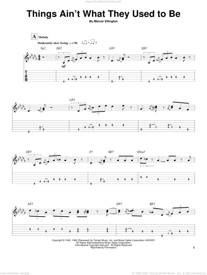 Things Ain't What They Used To Be sheet music for guitar (tablature, play-along) by Mercer Ellington, intermediate skill level