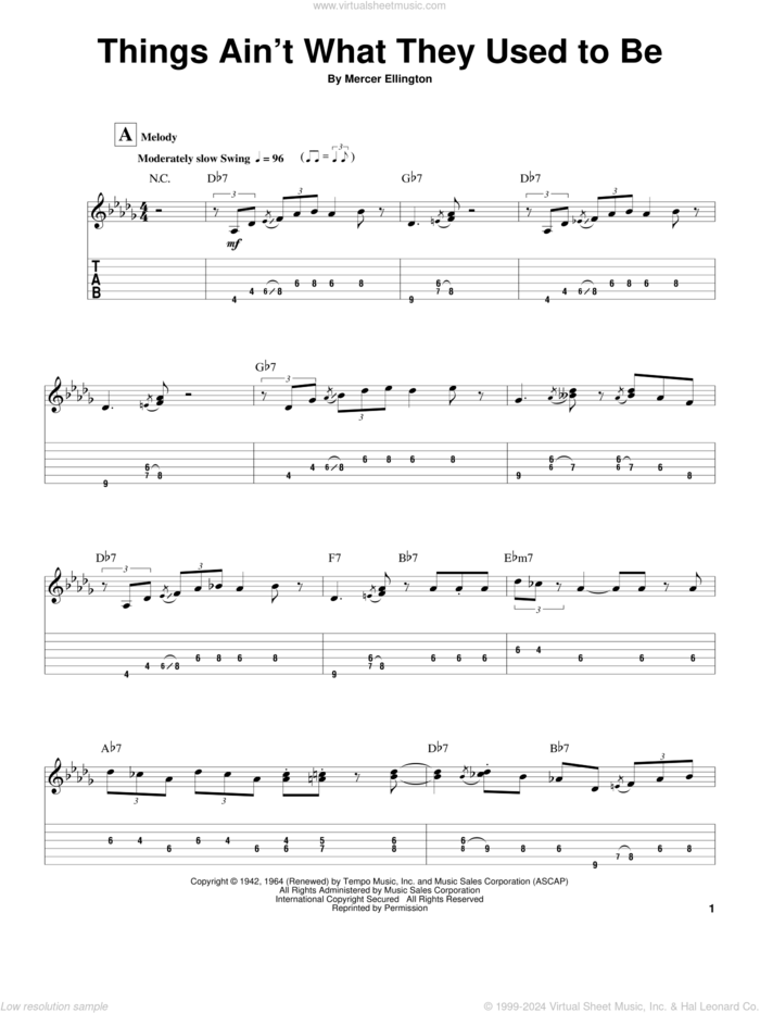 Things Ain't What They Used To Be sheet music for guitar (tablature, play-along) by Mercer Ellington, intermediate skill level