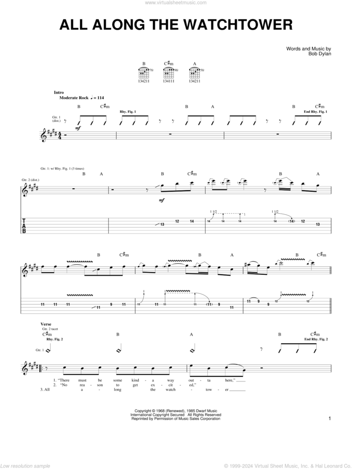 All Along The Watchtower sheet music for guitar solo (chords) by Bob Dylan, Jimi Hendrix and U2, easy guitar (chords)