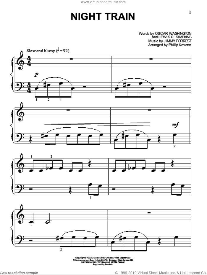 Night Train (arr. Phillip Keveren) sheet music for piano solo (big note book) by Jimmy Forrest, Phillip Keveren, Lewis C. Simpkins and Oscar Washington, easy piano (big note book)