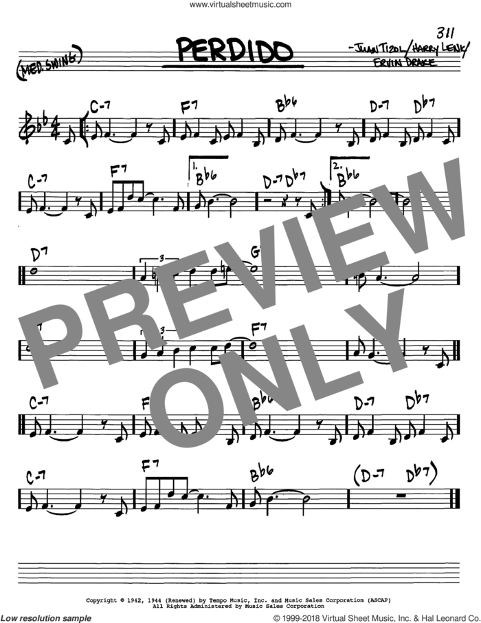 Perdido sheet music for voice and other instruments (in C) by Duke Ellington, Ervin Drake, Harry Lenk and Juan Tizol, intermediate skill level