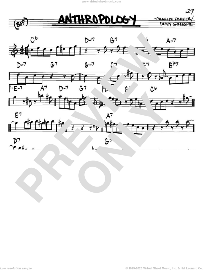 Anthropology sheet music for voice and other instruments (in Bb) by Charlie Parker and Dizzy Gillespie, intermediate skill level