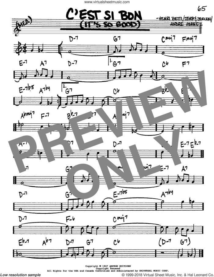 C'est Si Bon (It's So Good) sheet music for voice and other instruments (in Bb) by Eartha Kitt, Andre Hornez, Henri Betti and Jerry Seelen, intermediate skill level