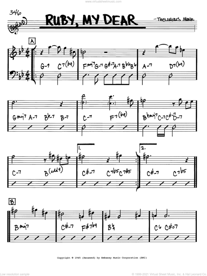 Ruby, My Dear sheet music for voice and other instruments (in Bb) by Thelonious Monk, intermediate skill level