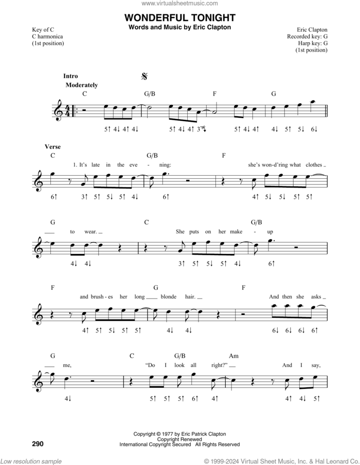 Wonderful Tonight sheet music for harmonica solo by Eric Clapton and David Kersh, intermediate skill level