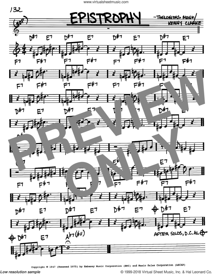 Epistrophy sheet music for voice and other instruments (in Bb) by Thelonious Monk and Kenny Clarke, intermediate skill level