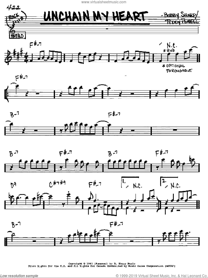 Unchain My Heart sheet music for voice and other instruments (in Eb) by Ray Charles, Bobby Sharp and Teddy Powell, intermediate skill level