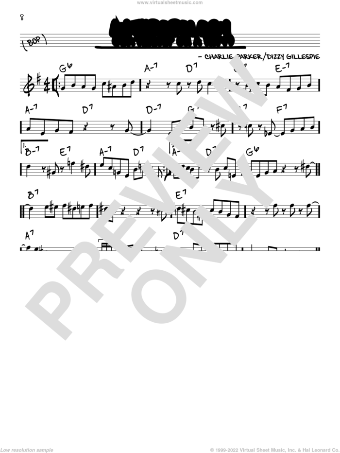 Anthropology sheet music for voice and other instruments (in Eb) by Charlie Parker and Dizzy Gillespie, intermediate skill level