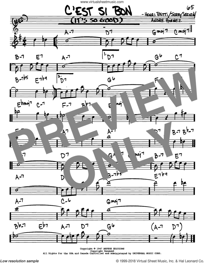 C'est Si Bon (It's So Good) sheet music for voice and other instruments (in Eb) by Eartha Kitt, Andre Hornez, Henri Betti and Jerry Seelen, intermediate skill level