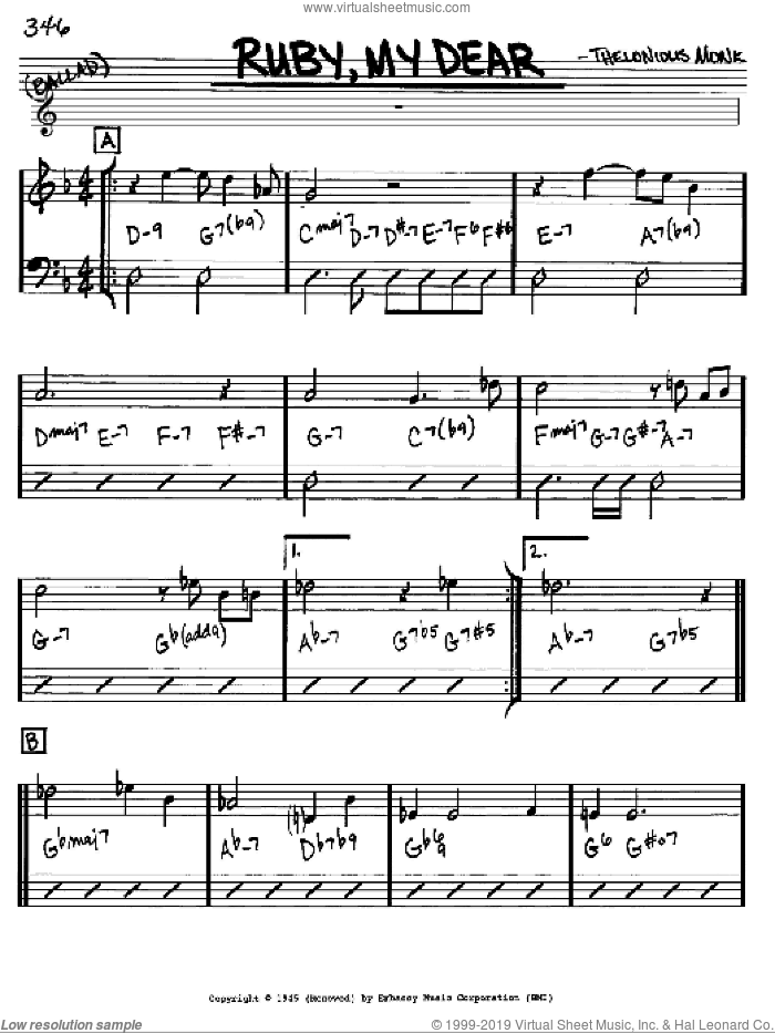 Ruby, My Dear sheet music for voice and other instruments (in Eb) by Thelonious Monk, intermediate skill level