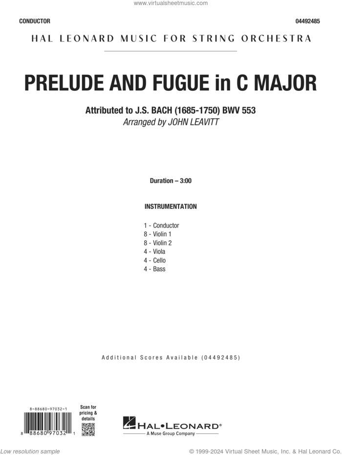 Prelude and Fugue in C Major (BWV 553) sheet music for orchestra (full score) by Johann Sebastian Bach, John Leavitt and John Leavitt (arr.), intermediate skill level