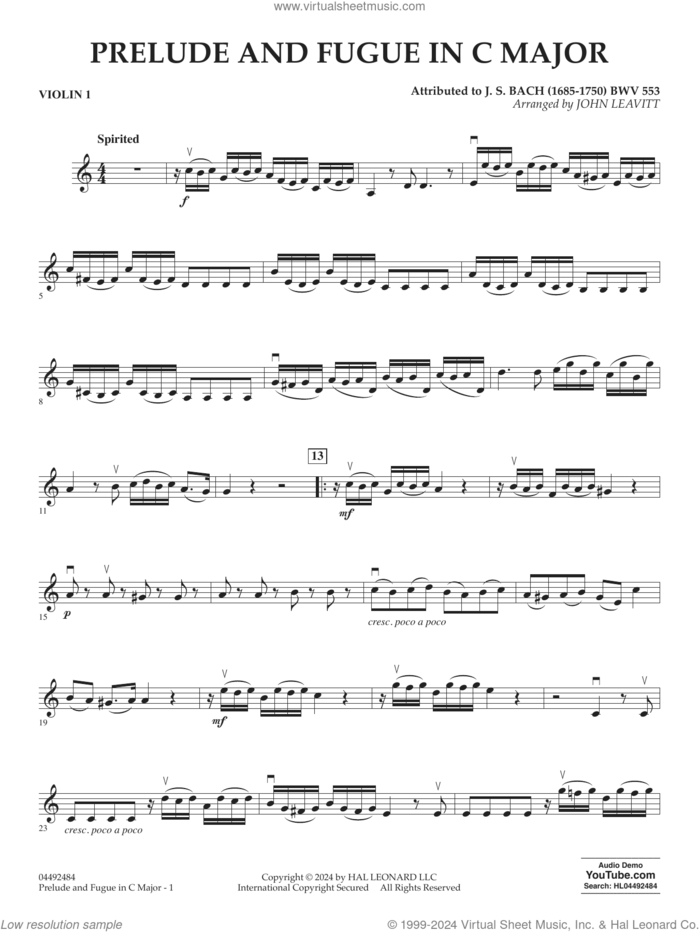 Prelude and Fugue in C Major (BWV 553) sheet music for orchestra (violin 1) by Johann Sebastian Bach, John Leavitt and John Leavitt (arr.), intermediate skill level