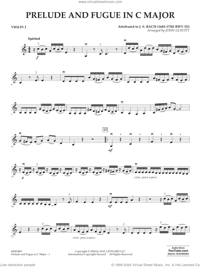 Prelude and Fugue in C Major (BWV 553) sheet music for orchestra (violin 2) by Johann Sebastian Bach, John Leavitt and John Leavitt (arr.), intermediate skill level